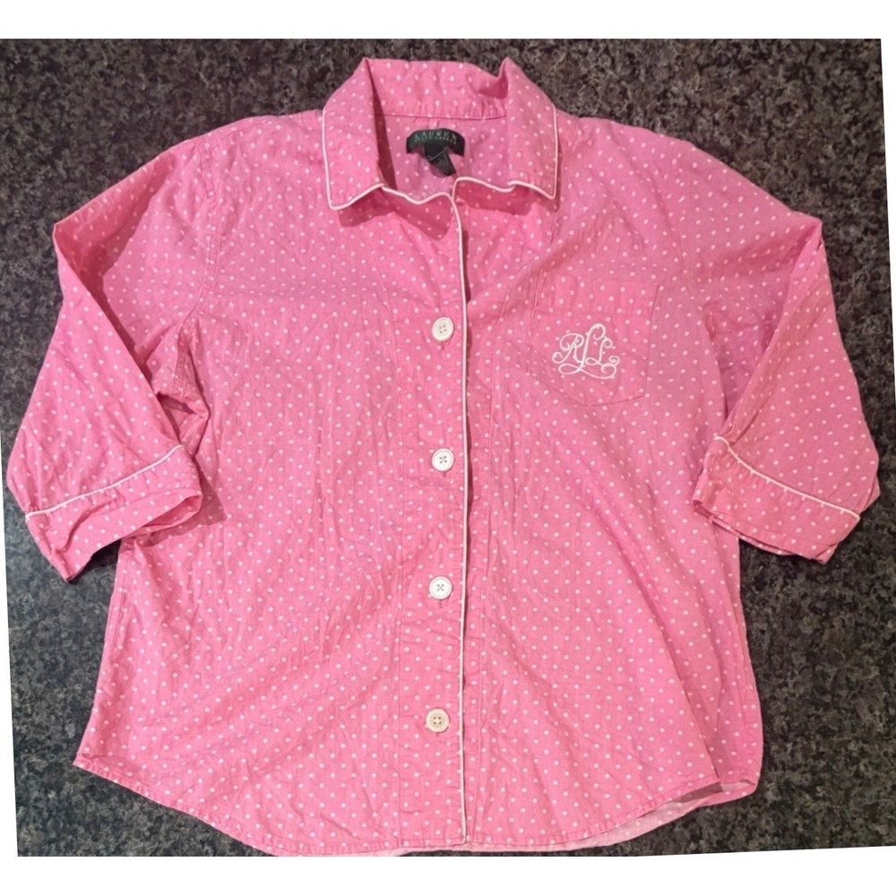 Lauren Ralph Lauren Pink Polka Dot Cotton Pajama Top XL Monogram 3/4 Sleeve